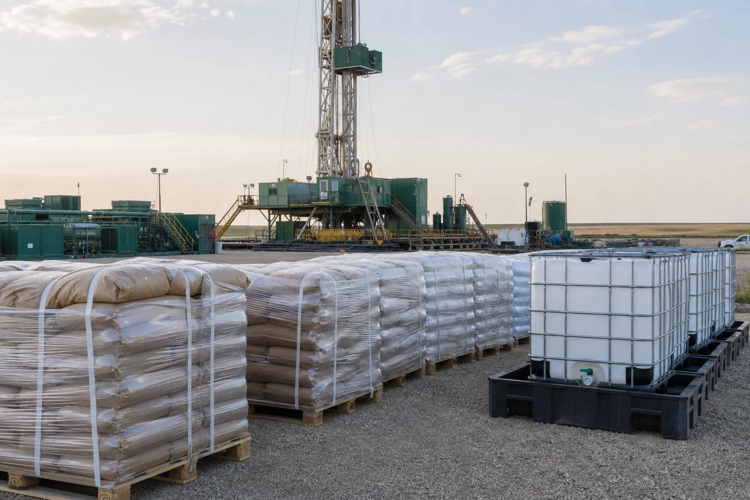 Chemical products staged for rig-side drilling fluid service