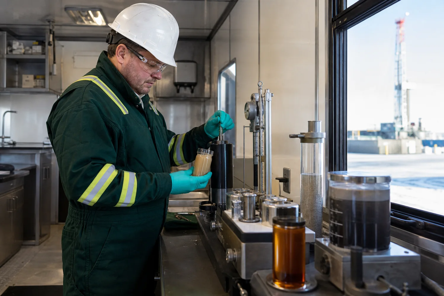 Technician performing field analysis on a drilling fluid sample